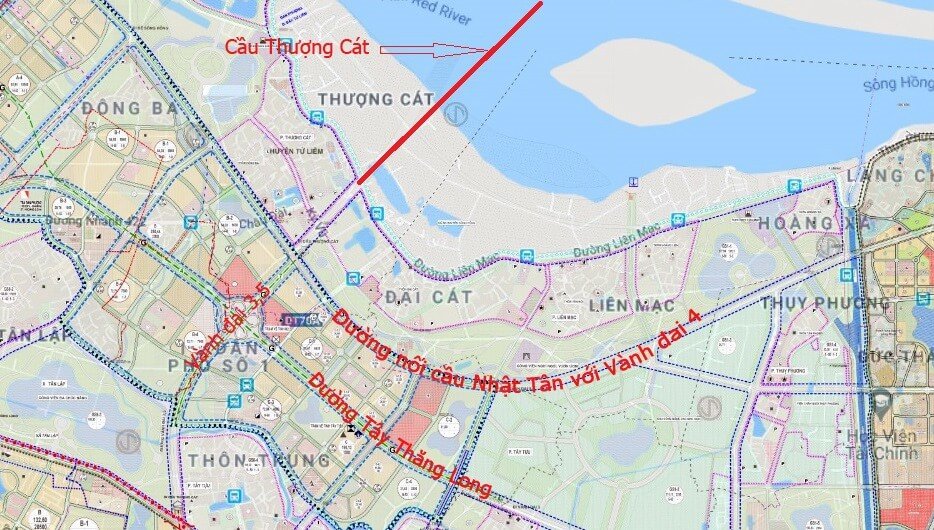 Bản đồ quy hoạch cầu Thượng Cát với Vành đai 3,5, đường Tây Thăng Long và đường nối cầu Nhật Tân với Vành đai 4