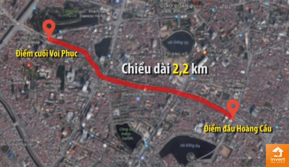 Tuyến đường vành đai 1 có chiều dài 2.2km với điểm đầu Hoàng Cầu - điểm cuối Voi Phục