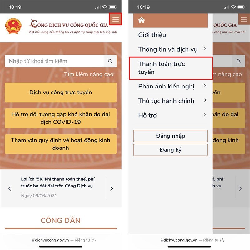 Chọn thanh toán trực tuyến để đóng thuế đất