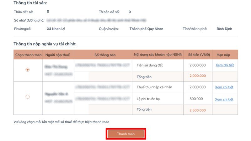 Chọn thanh toán sau khi có đầy đủ thông tin đóng thuế đất